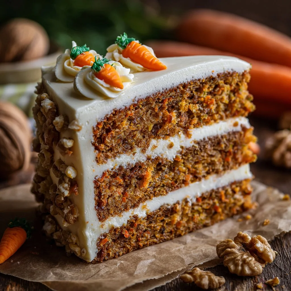 Delicious slice of the best ever carrot cake with cream cheese frosting