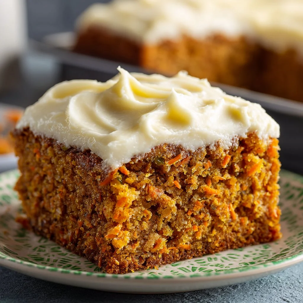 Delicious carrot cheese cake slice topped with cream cheese frosting