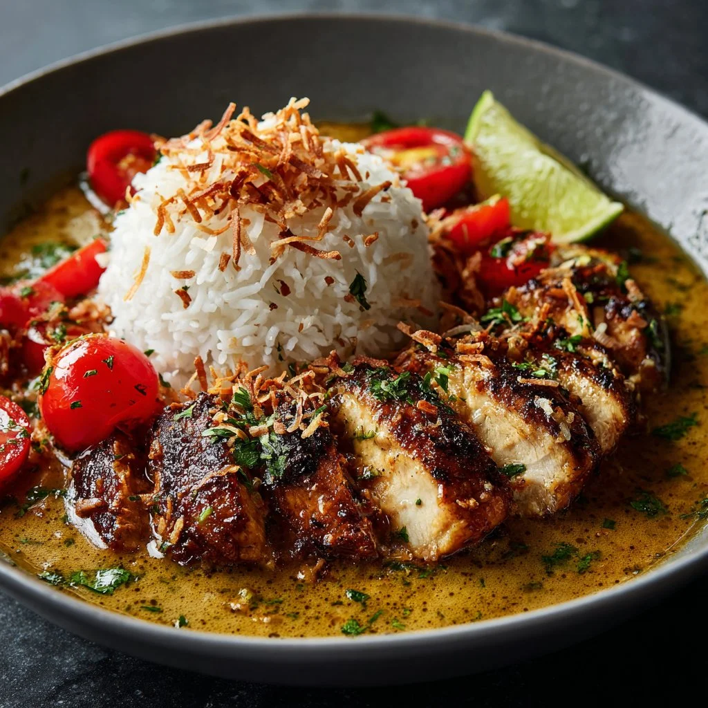 Plate of Brazilian Coconut Chicken garnished with herbs