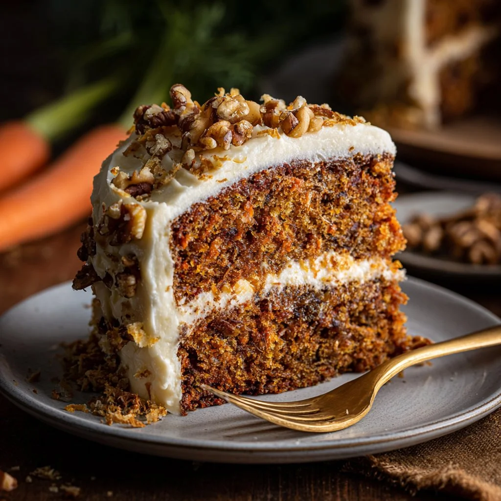 Delicious browned butter carrot cake topped with cream cheese frosting.