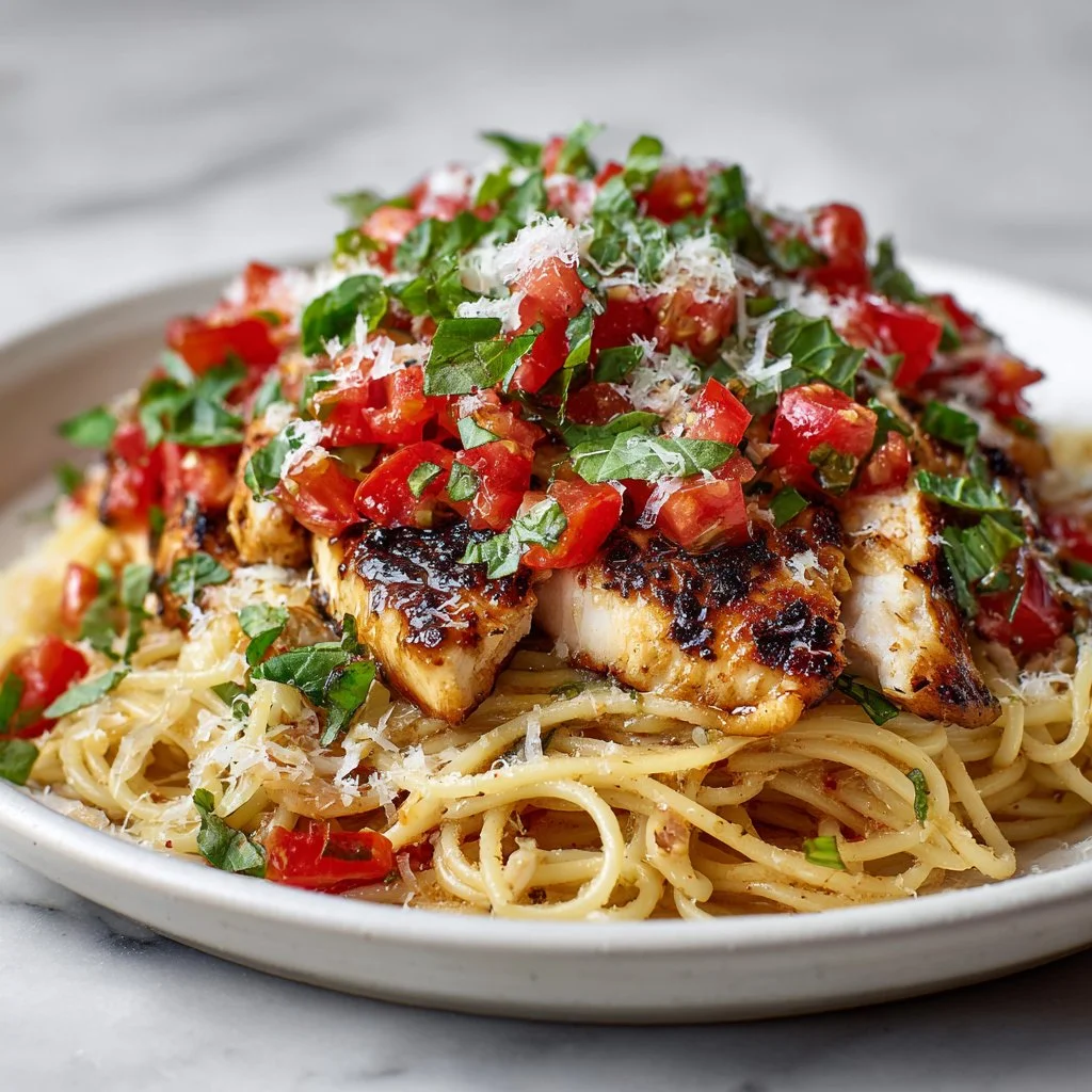 Plate of Bruschetta Chicken Pasta garnished with fresh basil and tomatoes