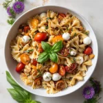 Delicious bruschetta pasta salad with fresh tomatoes and basil