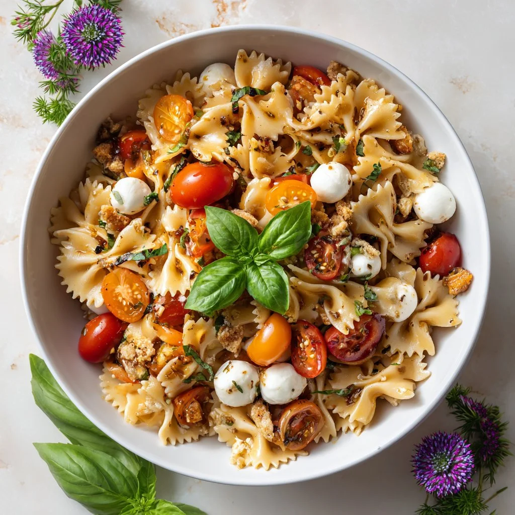 Delicious bruschetta pasta salad with fresh tomatoes and basil
