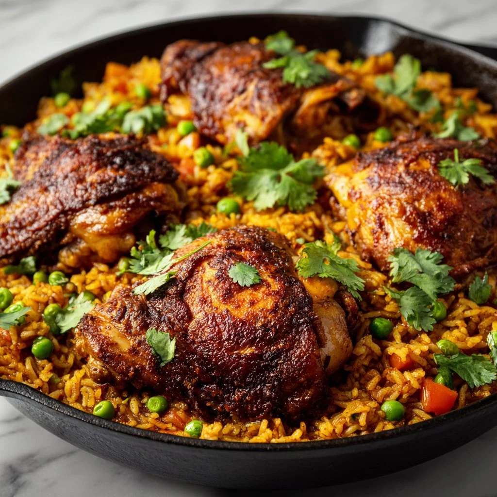 Delicious Caribbean Chicken served with aromatic rice and garnished with fresh herbs.