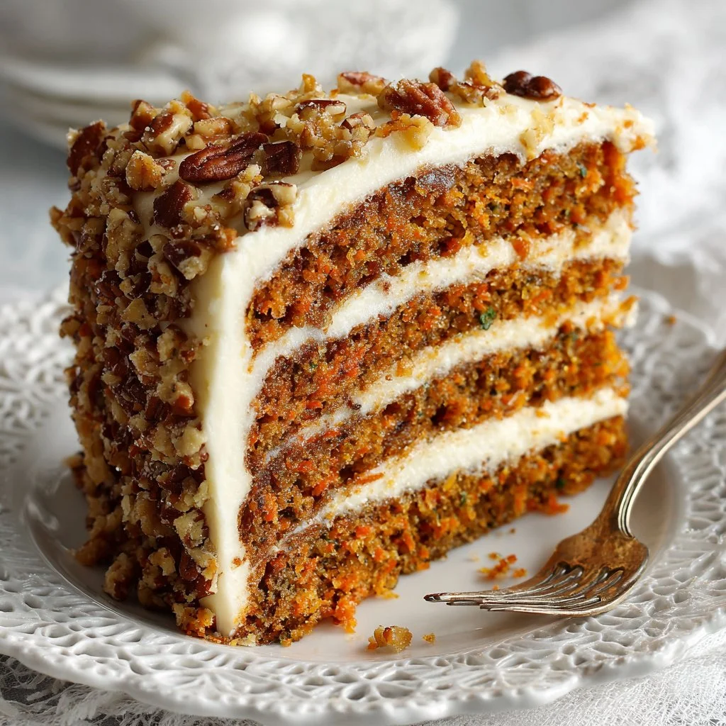 Delicious homemade carrot cake topped with cream cheese frosting.
