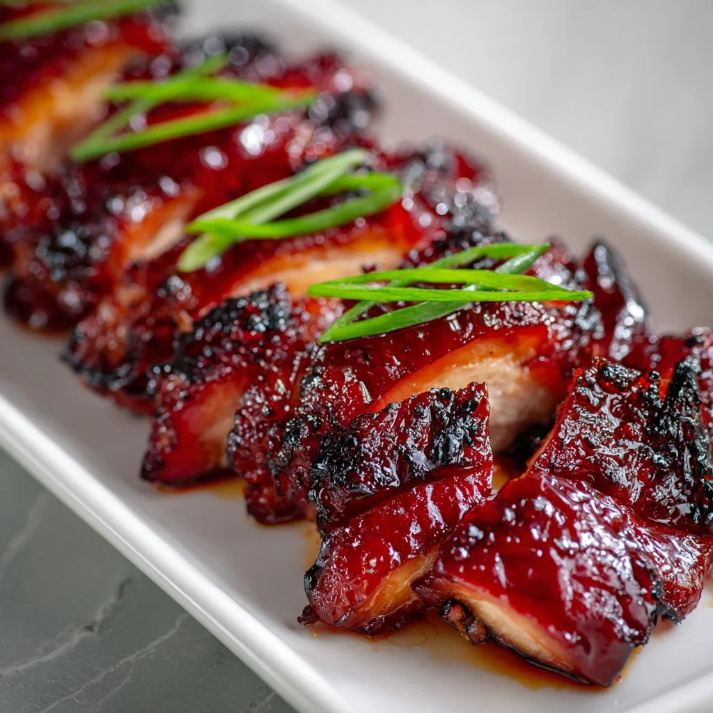 Delicious Char Siu Chicken with a glossy glaze and garnished vegetables