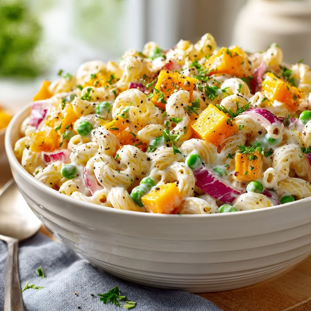 Delicious Cheddar Sour Cream Macaroni Salad served in a bowl