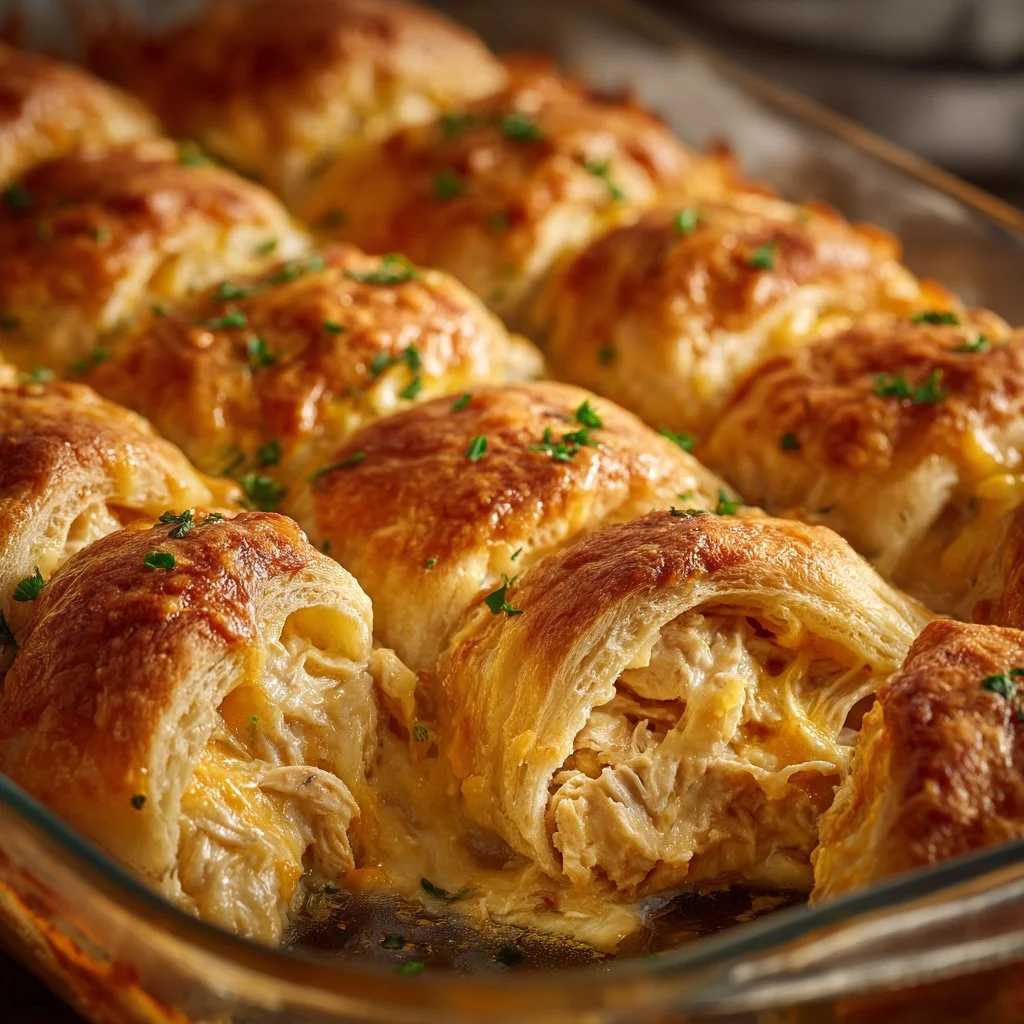 Cheesy Chicken Crescent Bake served on a plate, garnished with herbs.