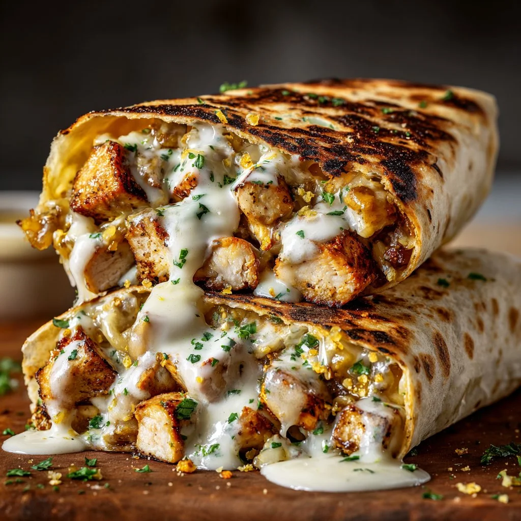 Delicious cheesy garlic chicken wraps ready to serve, showcasing fresh ingredients.