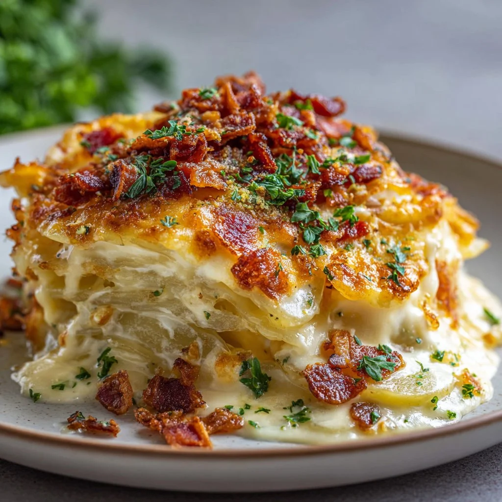 Delicious cheesy potatoes au gratin baked to golden perfection