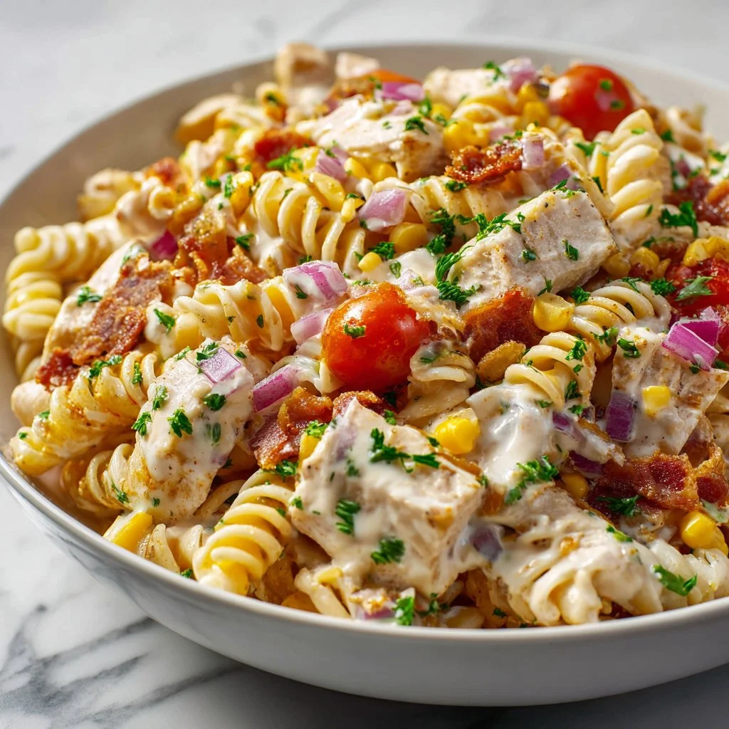Chicken and Corn Pasta Salad with Bacon served in a bowl