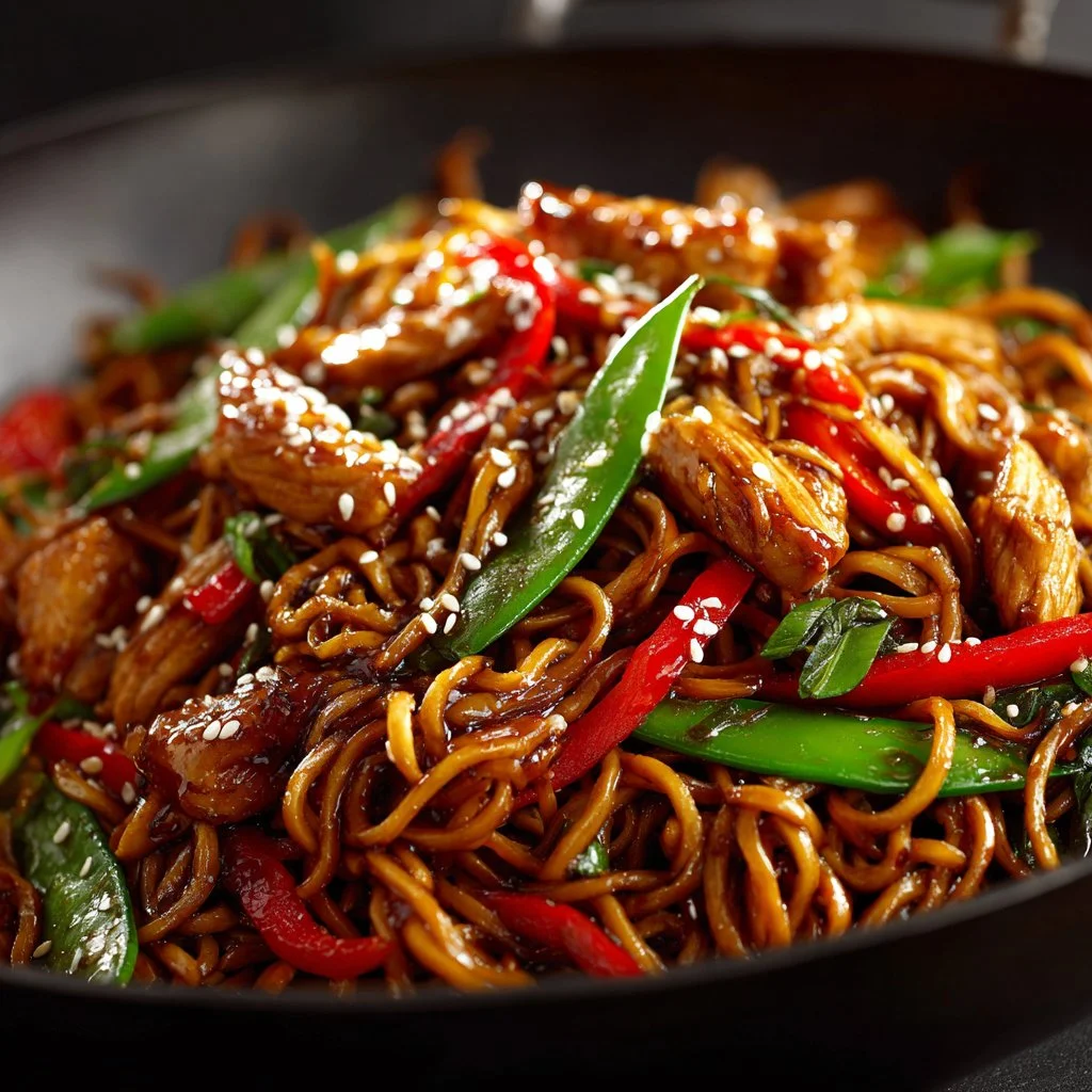 Plate of delicious Chicken Lo Mein with vegetables and tender chicken