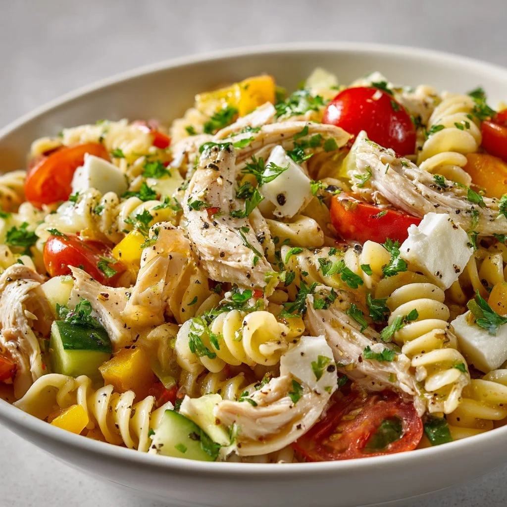 Delicious Chicken Pasta Salad with vibrant vegetables and dressing.