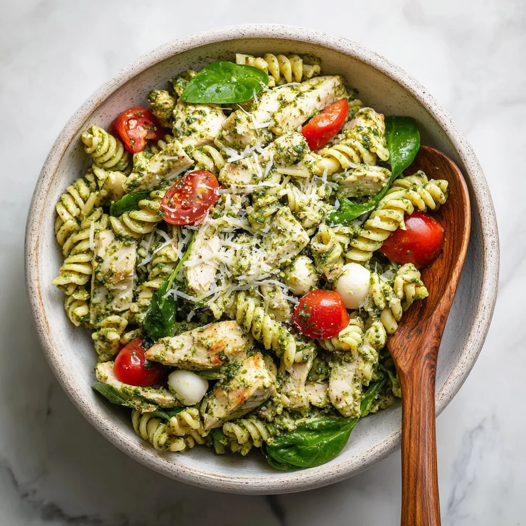 Delicious Chicken Pesto Pasta Salad served in a bowl with fresh ingredients