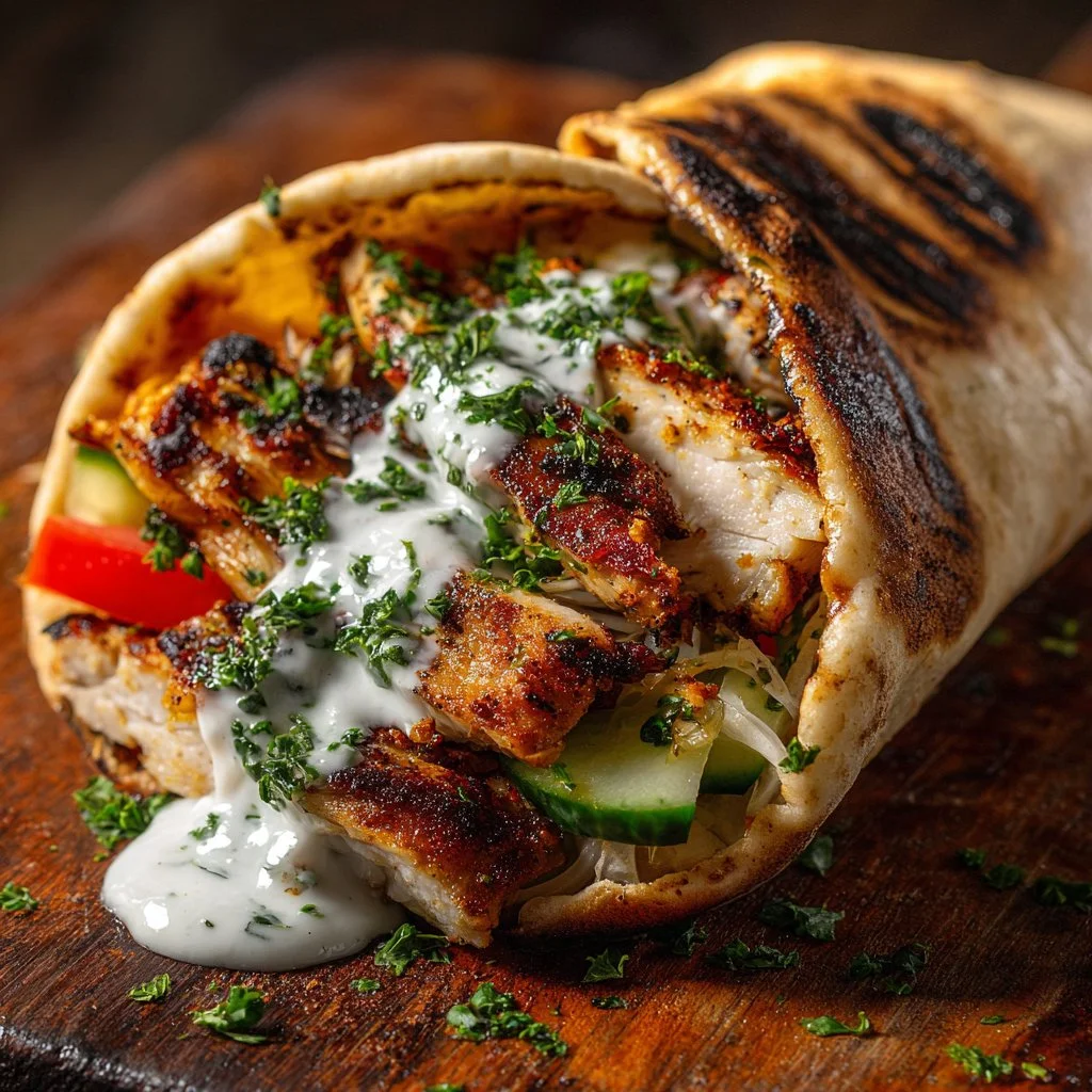 Chicken Shawarma served with garlic sauce on a plate