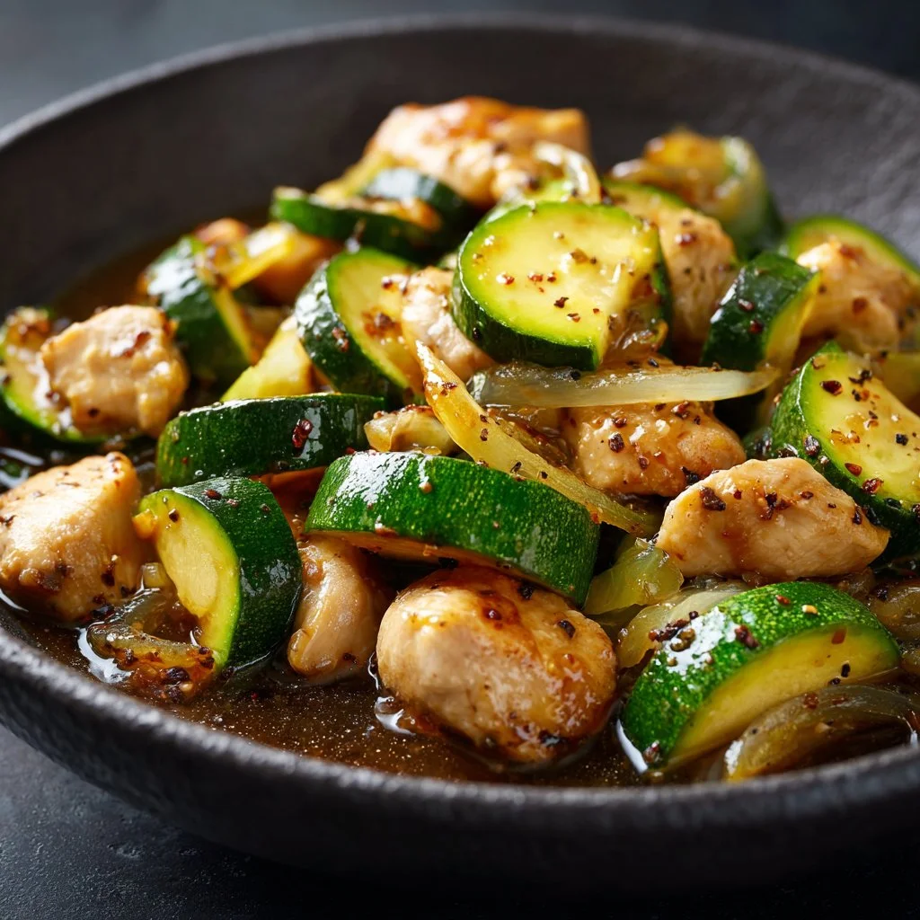 Bowl of chicken zucchini stir fry with colorful vegetables
