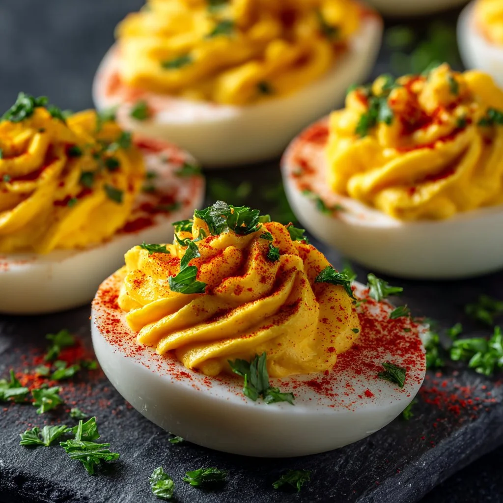 Classic deviled eggs served on a platter, garnished with paprika and herbs.