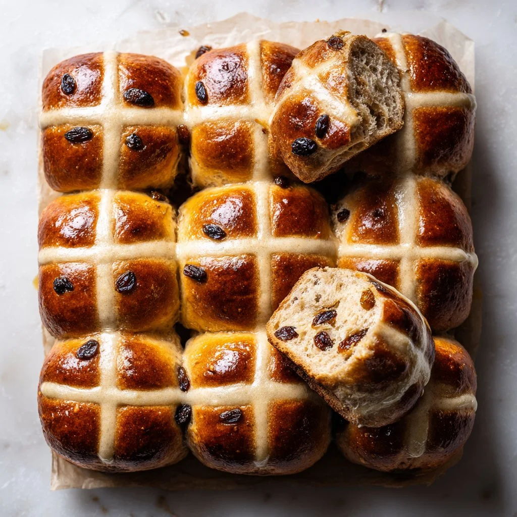 Freshly baked classic hot cross buns topped with icing.