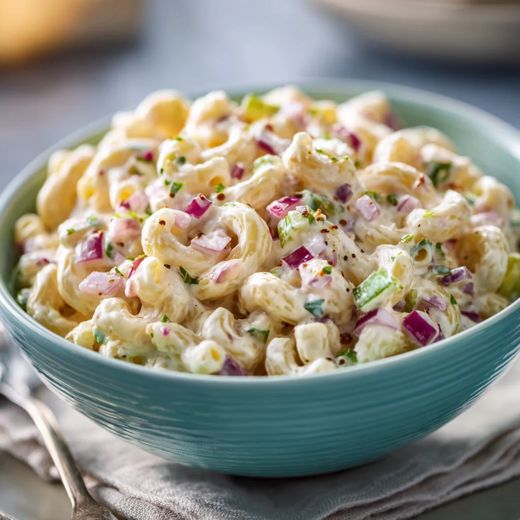 Bowl of classic macaroni salad with vegetables and creamy dressing