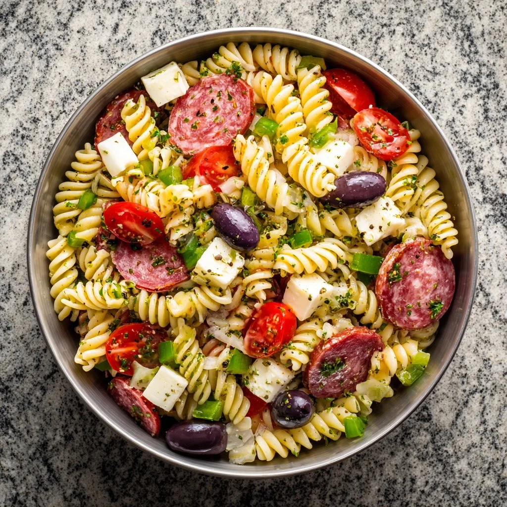 Bowl of Classic Pasta Salad with fresh vegetables and dressing