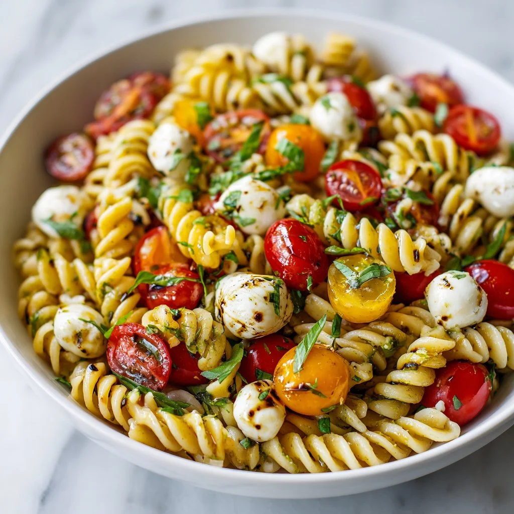 Vibrant Colorful Caprese Pasta Salad with basil, tomatoes, and mozzarella
