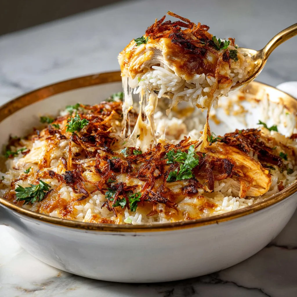 Delicious French Onion Chicken Rice Bake in a casserole dish, perfect for dinner.