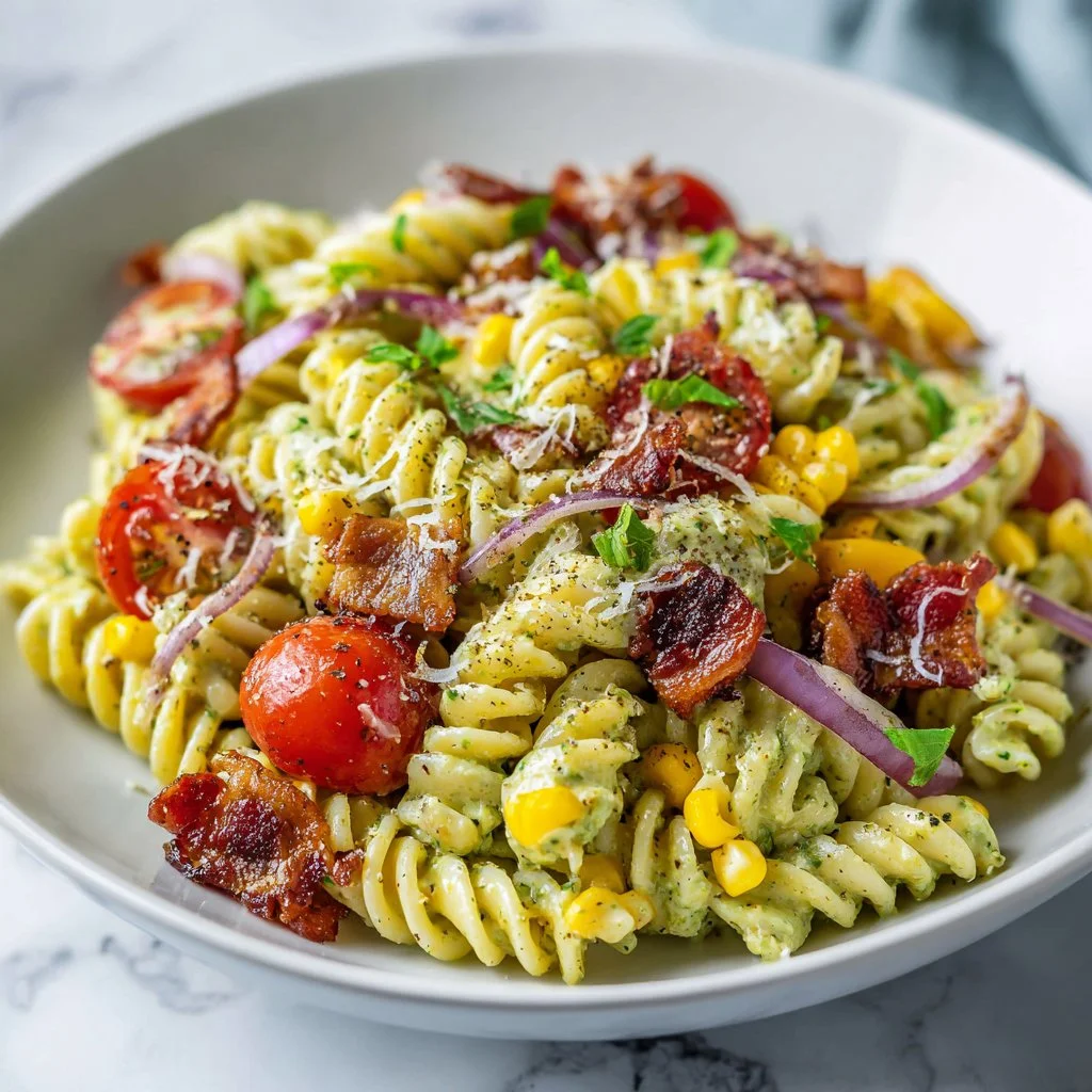 Corn Pasta Salad with Bacon and Creamy Pesto Dressing in a bowl
