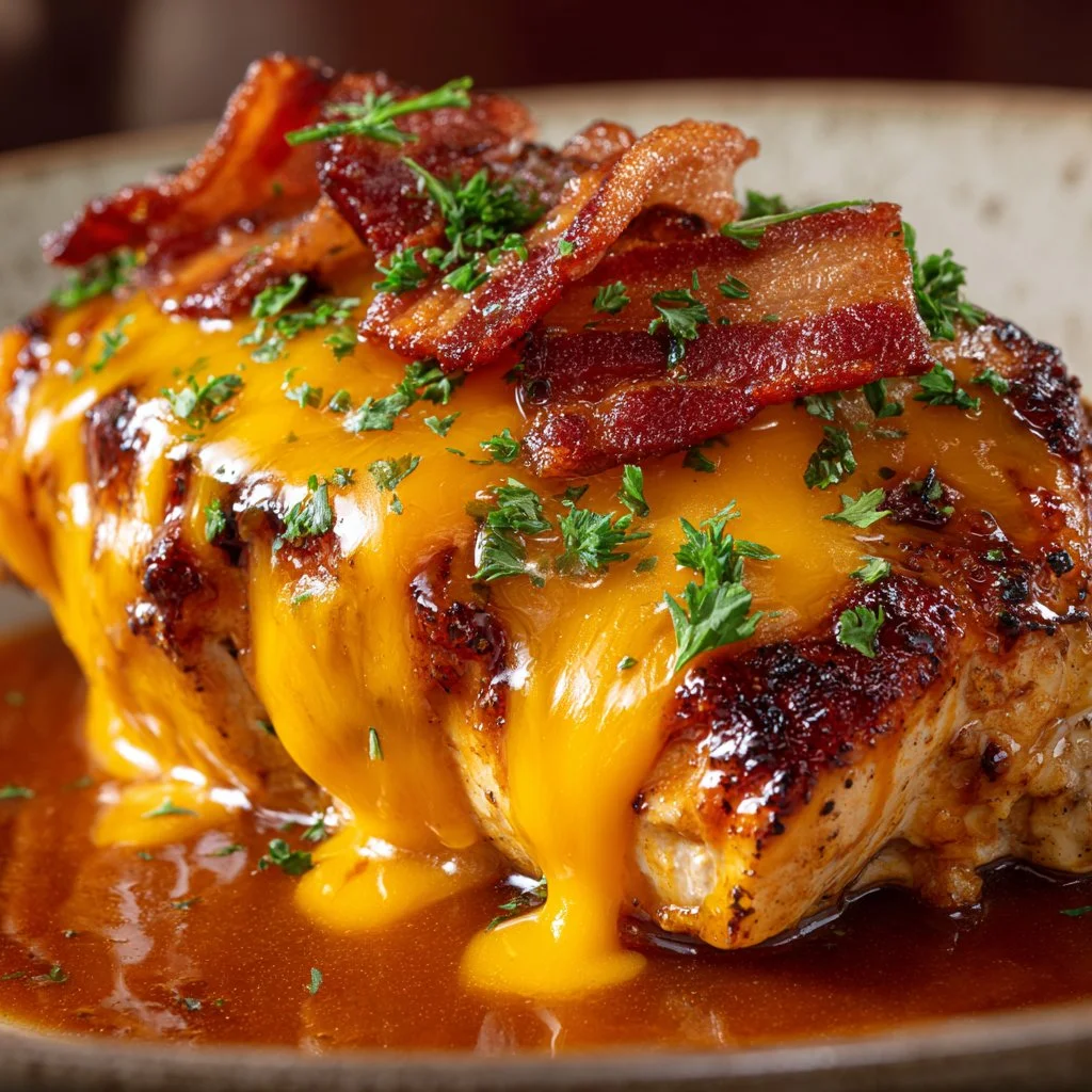 Delicious BBQ Bacon Cheddar Chicken garnished with herbs and served on a plate.