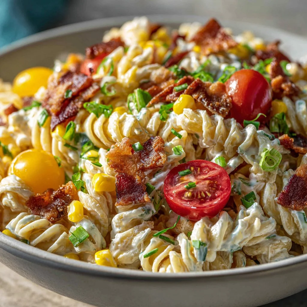 Crack corn pasta salad with bacon in a colorful bowl