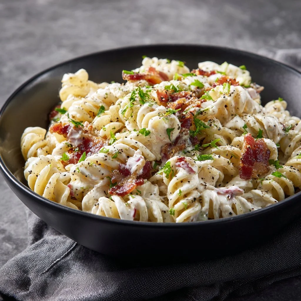 Creamy bacon cheddar ranch pasta salad with fresh ingredients in a bowl