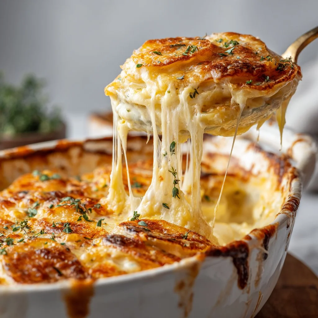 Delicious creamy and cheesy make-ahead scalloped potatoes dish