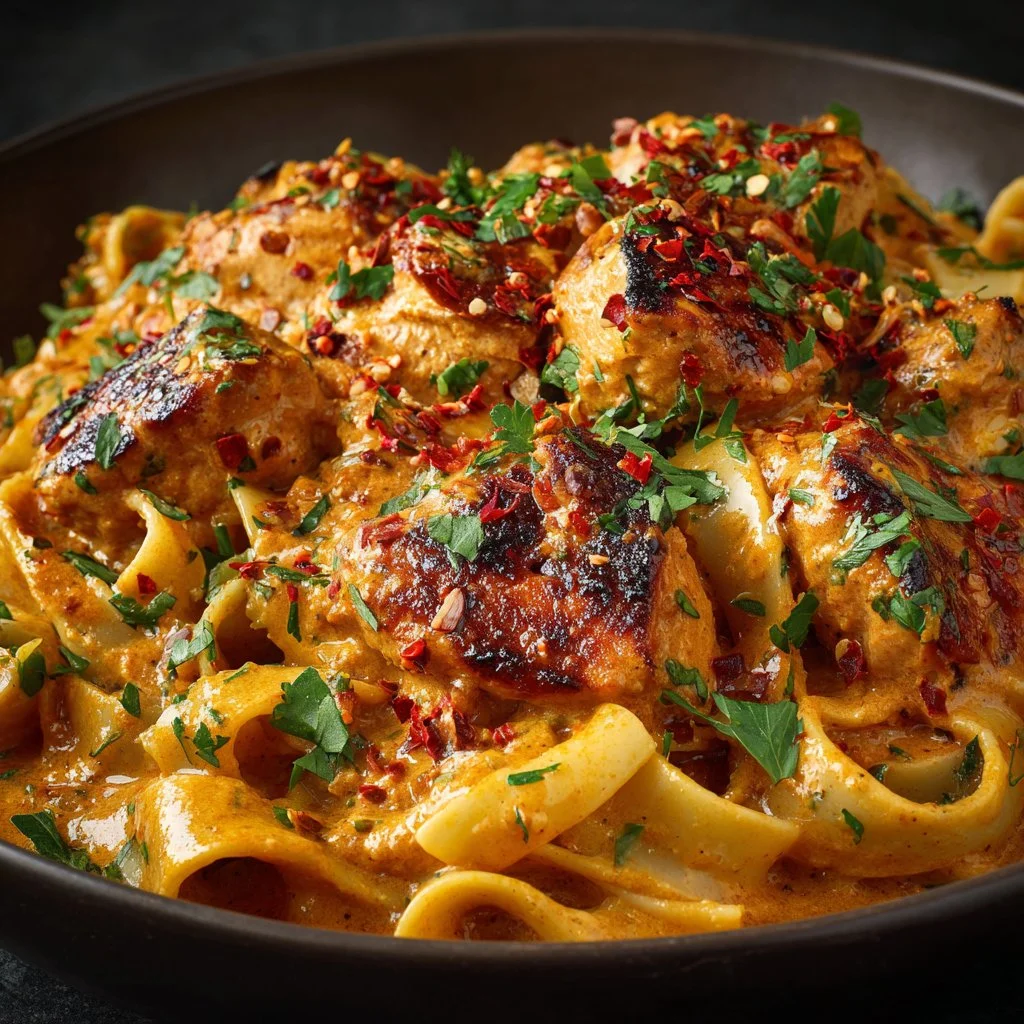 Creamy cowboy butter chicken pasta dish served in a bowl.