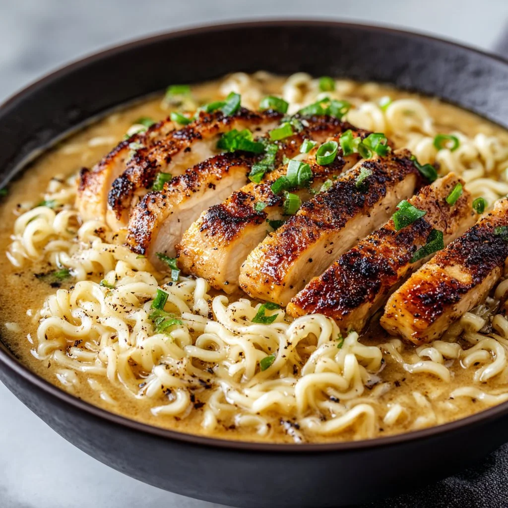 Bowl of creamy garlic chicken ramen with fresh ingredients and steam rising.