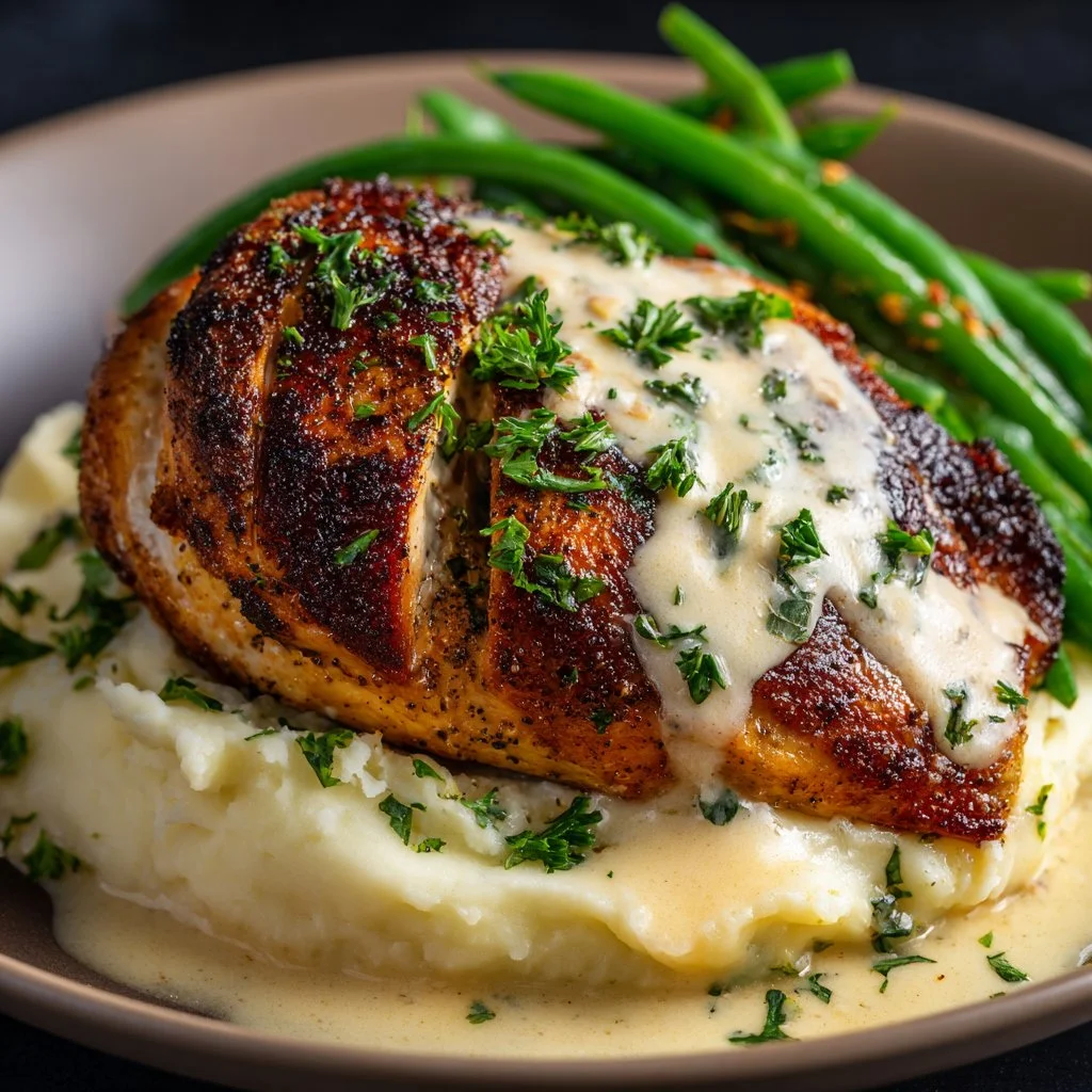 Creamy Garlic Parmesan Chicken Breast served with herbs and a creamy sauce.