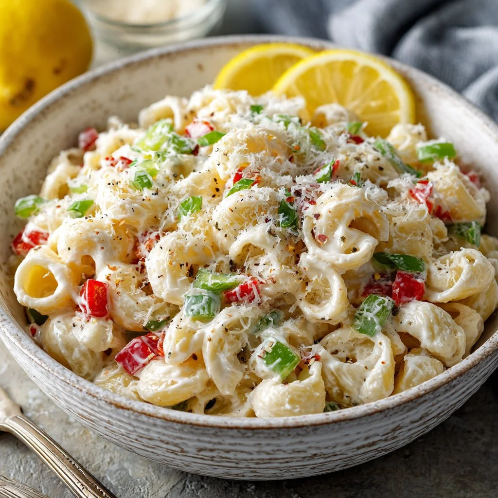Creamy lemon parmesan pasta salad with fresh ingredients