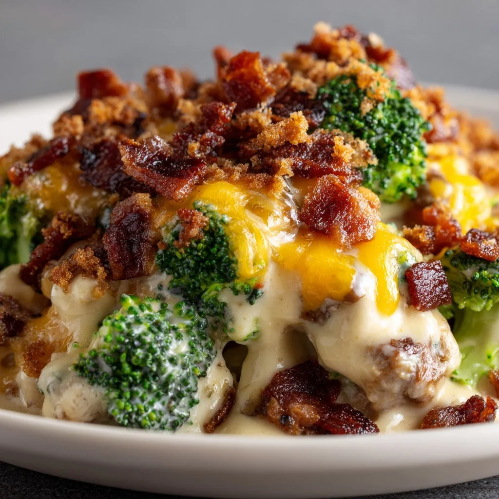 Creamy low carb chicken casserole with broccoli and bacon in a baking dish