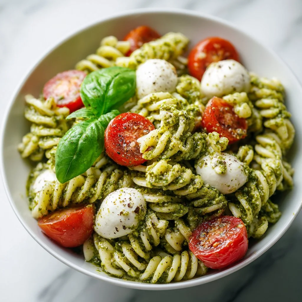 Creamy pesto pasta salad with fresh ingredients and vibrant colors