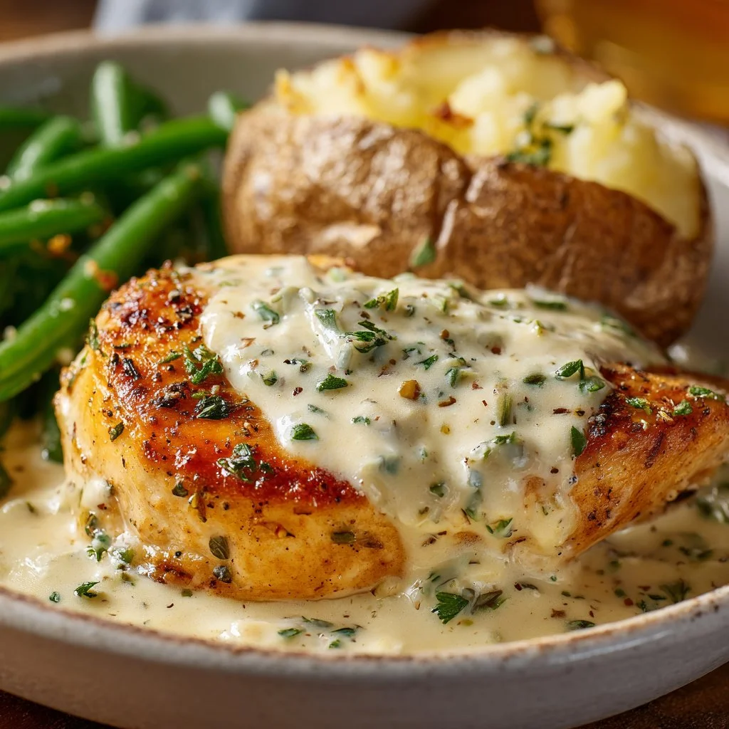 Delicious creamy ranch chicken served on a plate with a side of vegetables