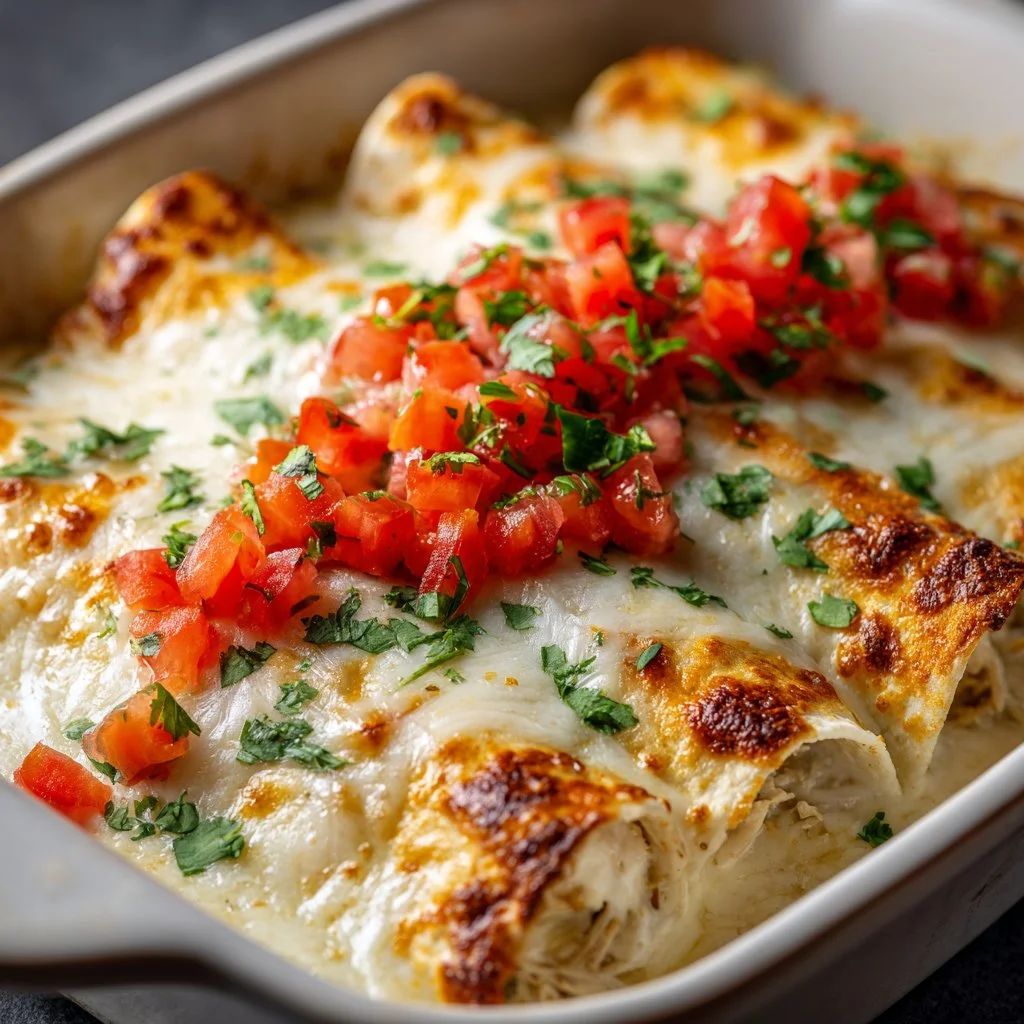 Plate of creamy white chicken enchiladas garnished with cilantro