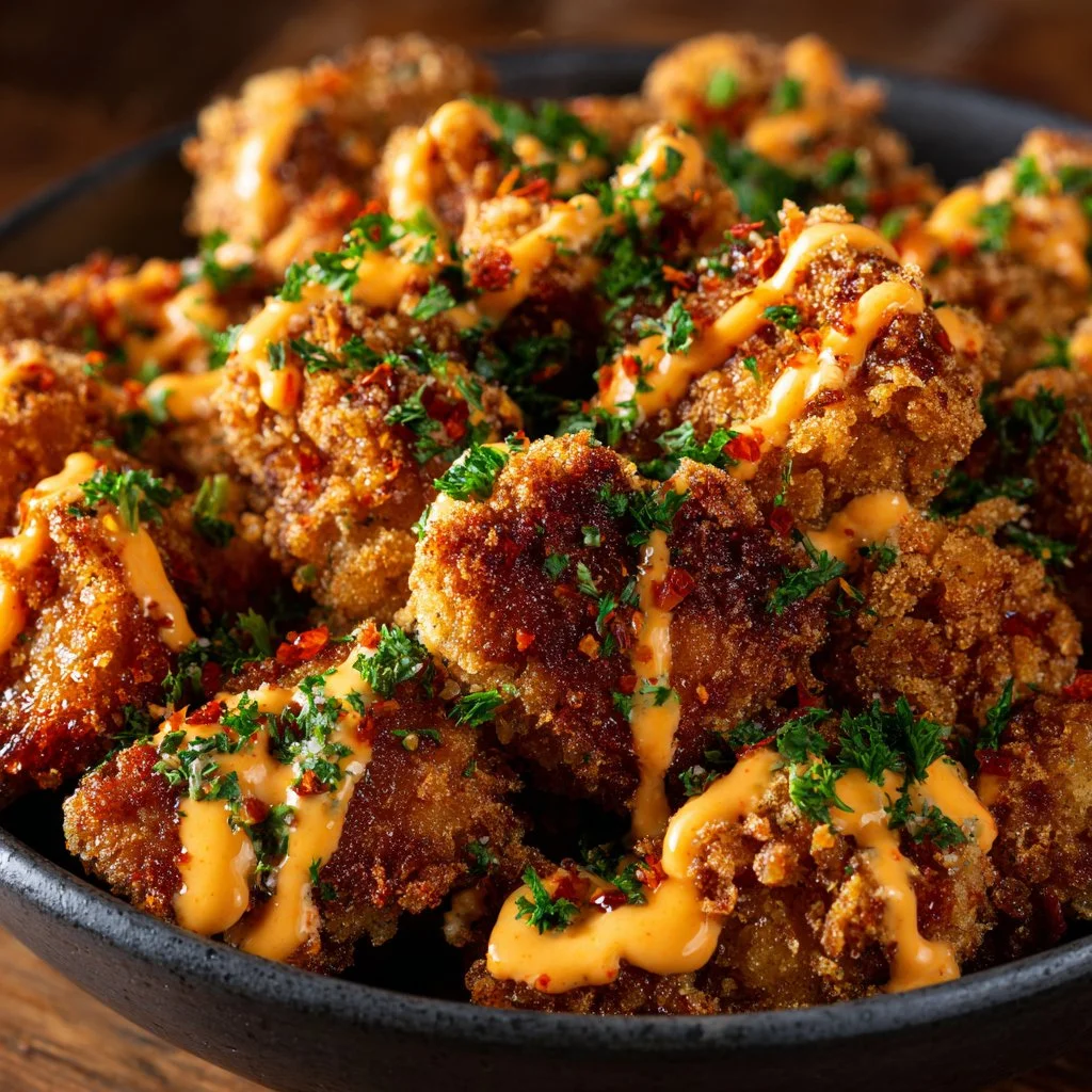 Delicious Bang Bang Chicken served with spicy sauce and garnished