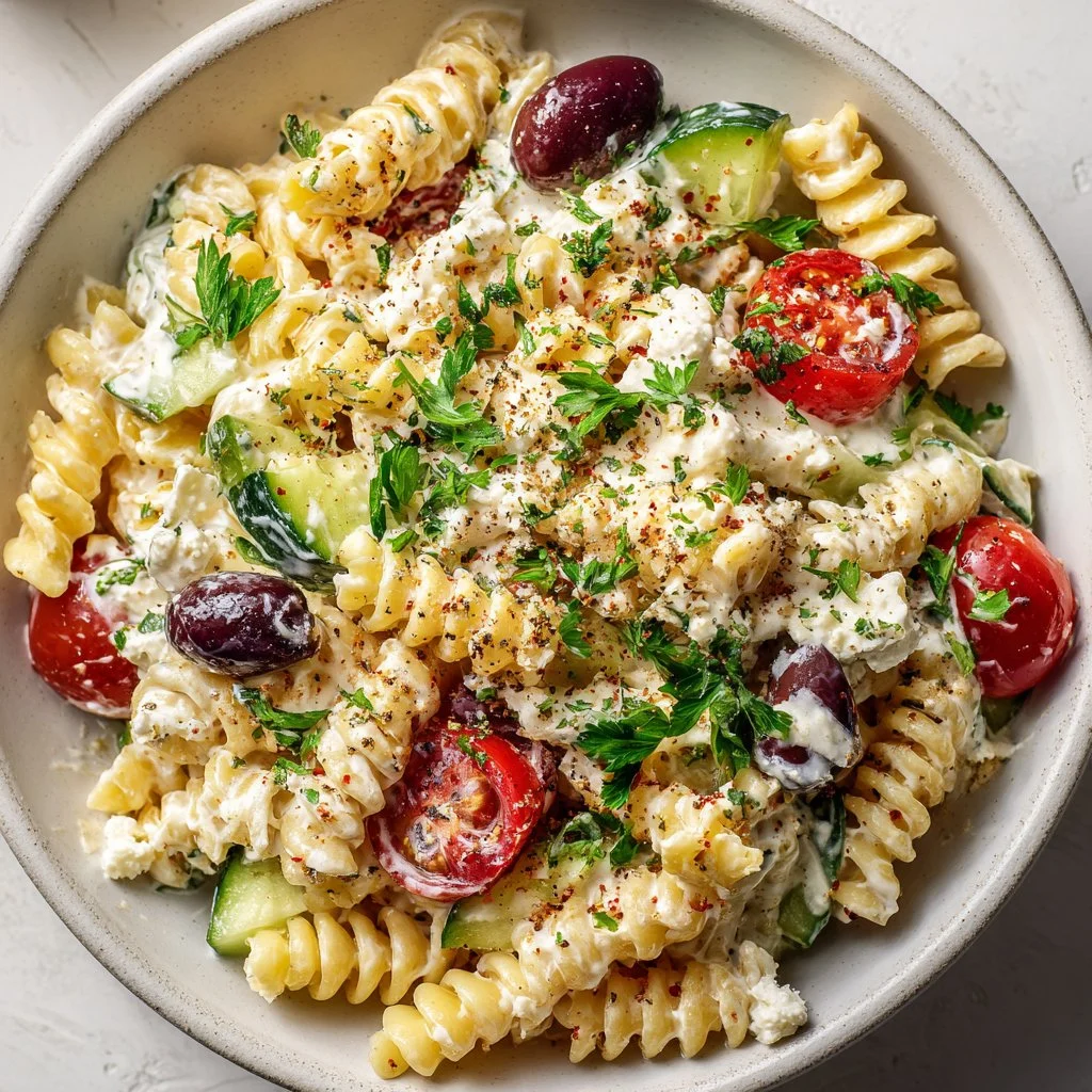 Creamy Greek pasta salad with colorful vegetables and feta cheese
