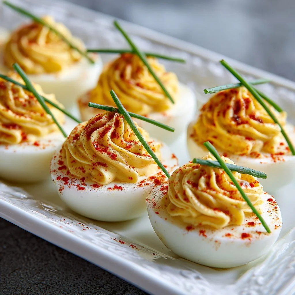 Delicious deviled eggs garnished with paprika and herbs on a serving platter.