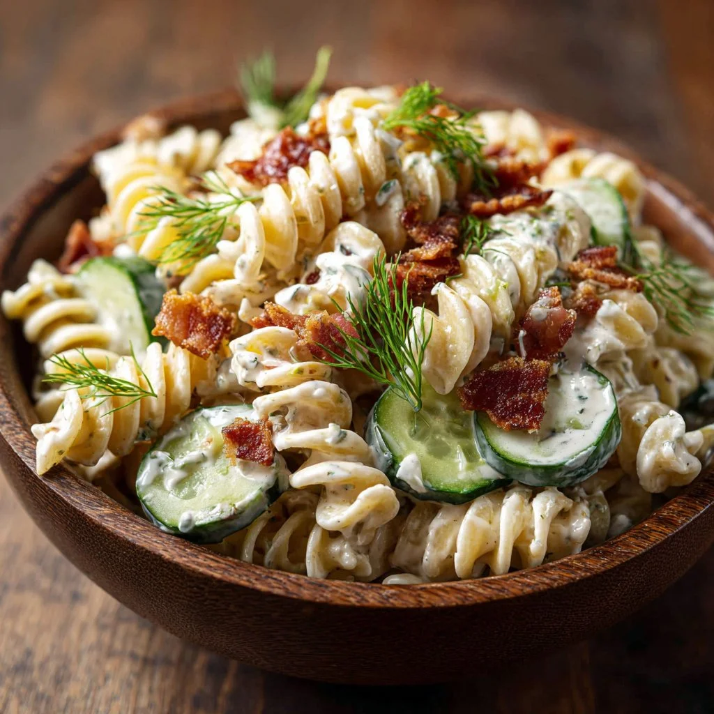 Delicious Dill Pickle Bacon Pasta Salad served in a bowl