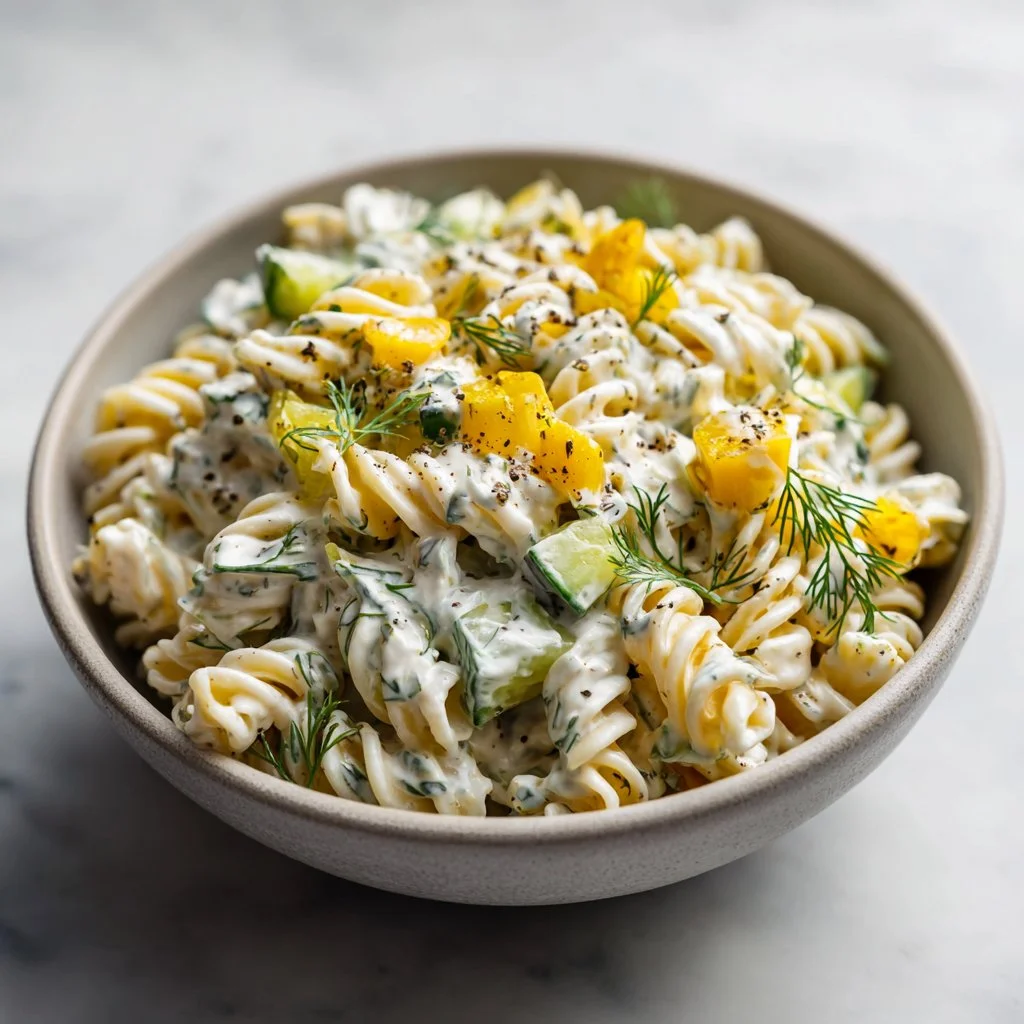 Dill Pickle Pasta Salad served in a bowl with fresh herbs and pickles
