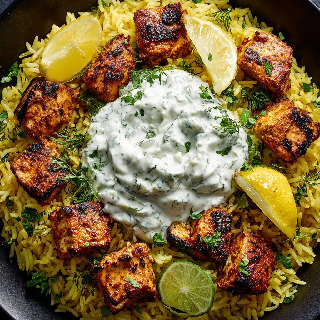 Delicious dump and bake chicken tzatziki rice in a serving dish.