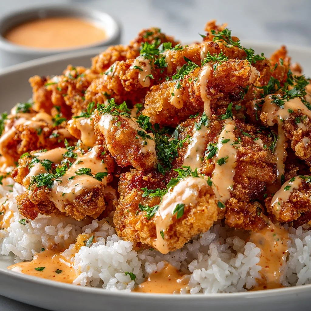 Plate of easy Bang Bang Chicken with sauce and garnishes