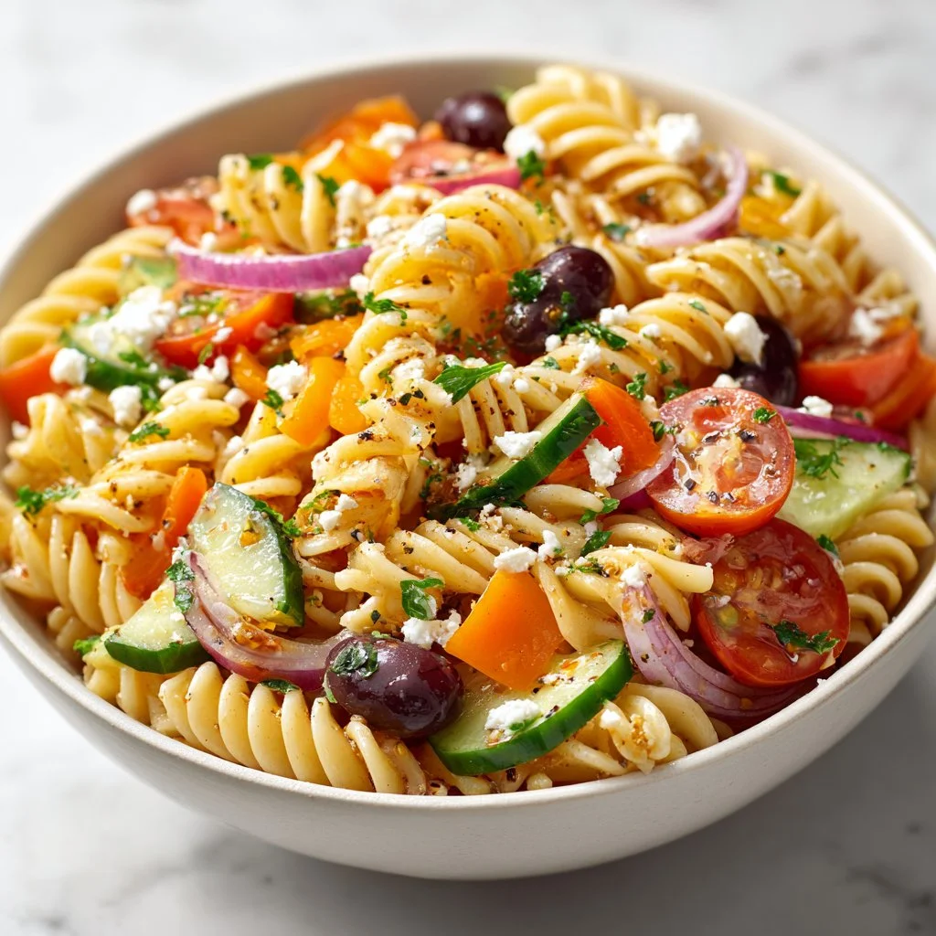 Bowl of easy pasta salad with colorful vegetables and dressing