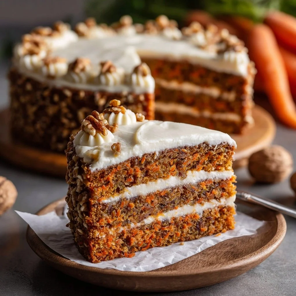 Delicious ever carrot cake topped with rich cream cheese frosting on a plate.