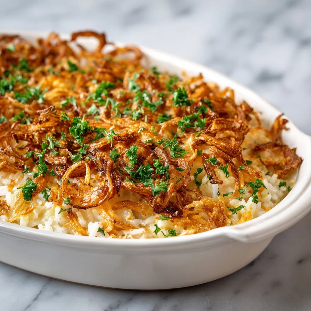 French onion chicken rice bake topped with melted cheese and caramelized onions