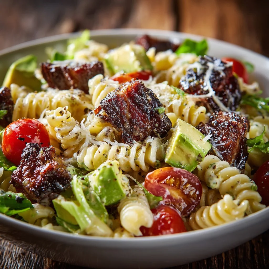 Fresh BLT pasta salad with creamy avocado, tomatoes, and crispy bacon.